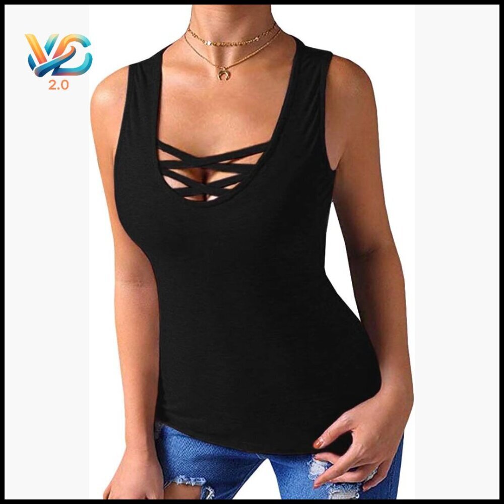 Criss Cross Front Lace Up Tank Top Rayon Spandex Fitted Long Sexy